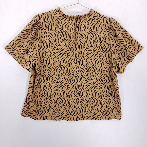 Nine West Blouse Womens Extra Large Tan Black Geometric Ruffle Neck Front Tie - Picture 6 of 10